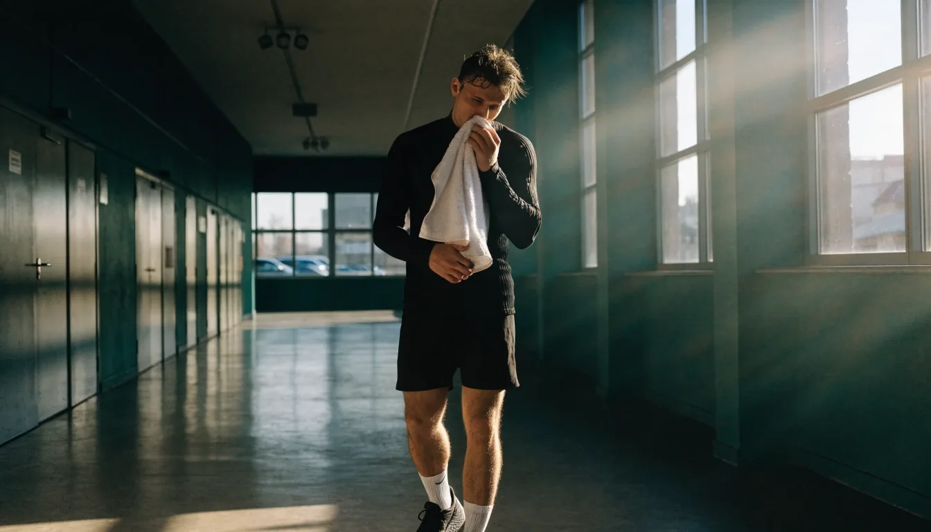 Mężczyzna po treningu w korytarzu hali sportowej, wycierający twarz ręcznikiem