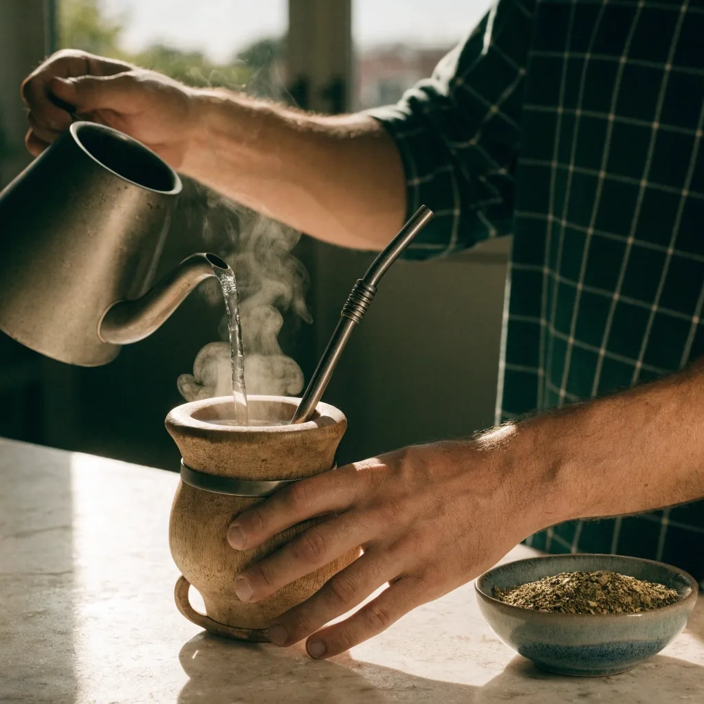 Napar yerba mate w naczyniu z bombillą obok miseczki suszonych liści na jasnym stole