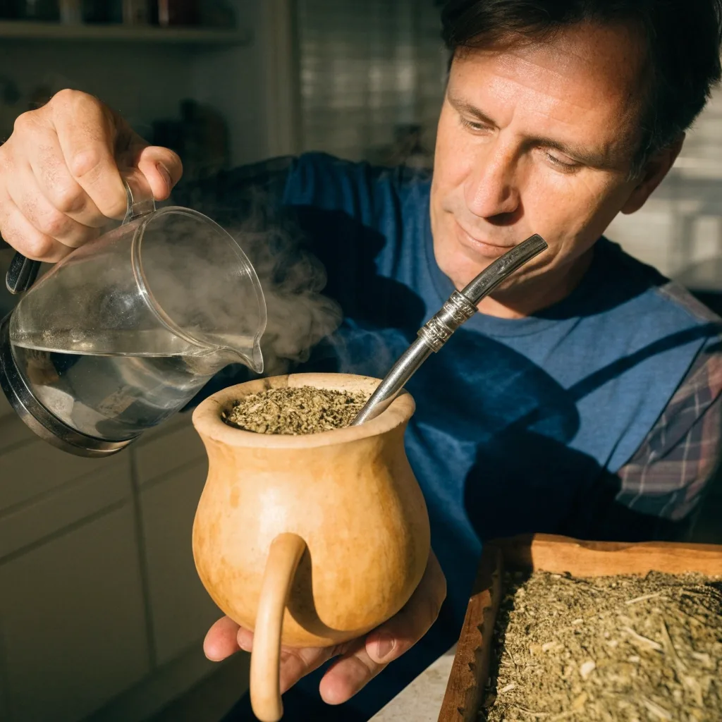 Mężczyzna zalewa yerba mate wodą z czajnika w jasnym pomieszczeniu